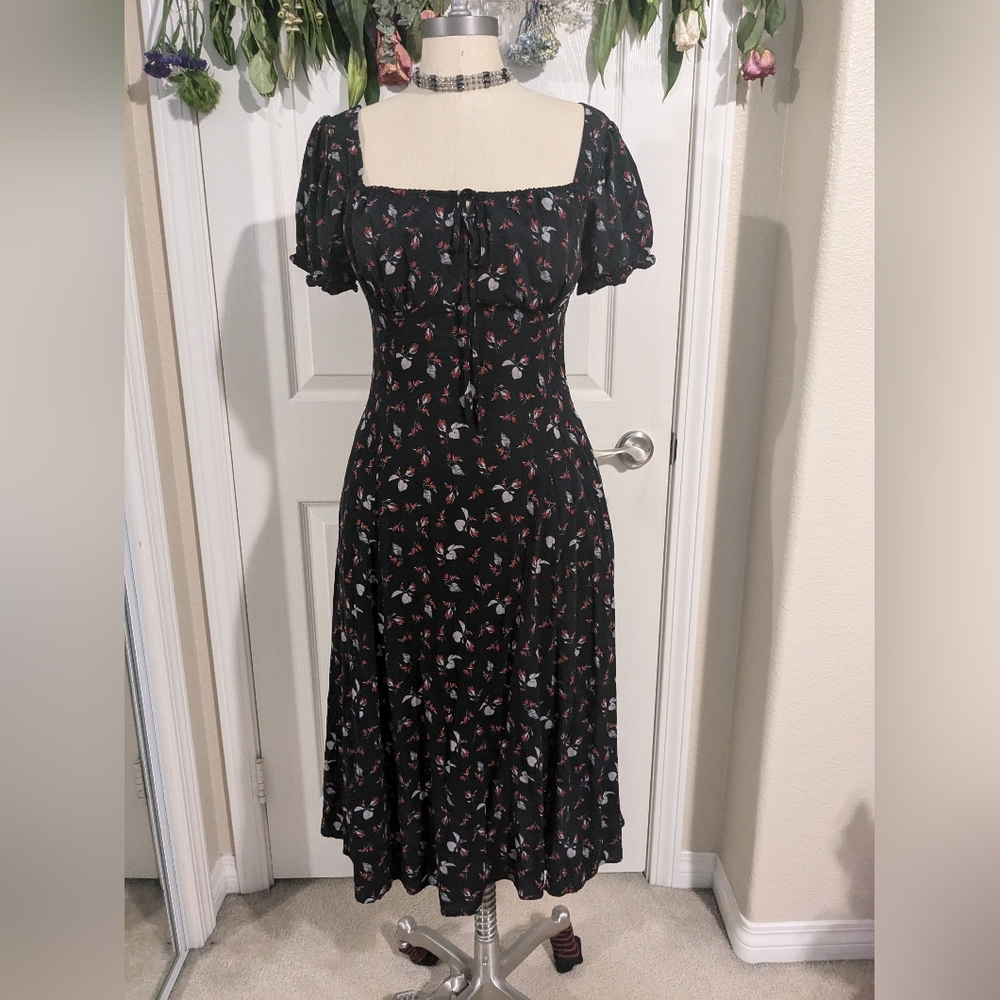 Black Maxi Red Flowers Ruffled Shelves M